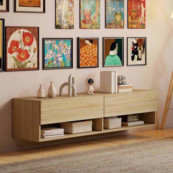 HOMCOM Mobile Sospeso per TV con 2 Cassetti Ribaltabili e 2 Ripiani Aperti, 140x32x31 cm, Legno naturale | Aosom Italy