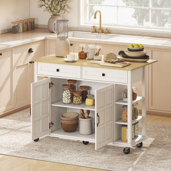 HOMCOM Isola da Cucina con 2 Cassetti 6 Ripiani Aperti, 2 Ante con Chiusura Ammortizzata, 120x65x89 cm, Bianco | Aosom Italy