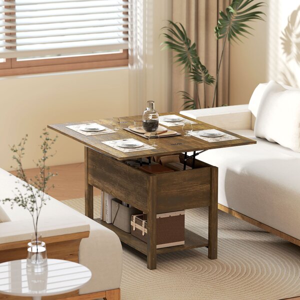 HOMCOM Tavolo da salotto sollevabile ed estensibile con scomparto nascosto e ripiano aperto, 100x45x50,5 cm, marrone rustico | Aosom Italy