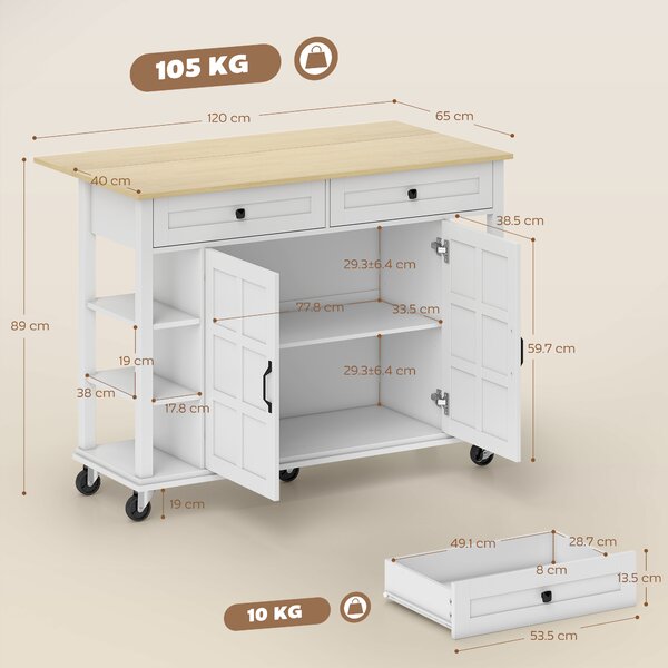 HOMCOM Isola da Cucina con 2 Cassetti 6 Ripiani Aperti, 2 Ante con Chiusura Ammortizzata, 120x65x89 cm, Bianco | Aosom Italy