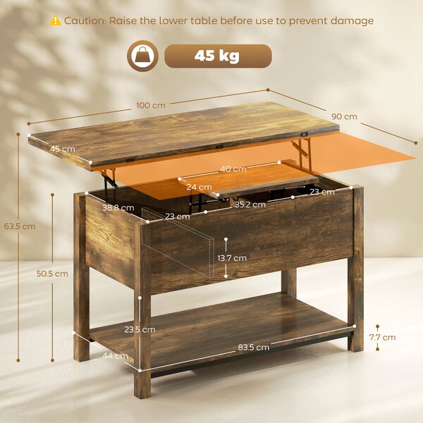 HOMCOM Tavolo da salotto sollevabile ed estensibile con scomparto nascosto e ripiano aperto, 100x45x50,5 cm, marrone rustico | Aosom Italy