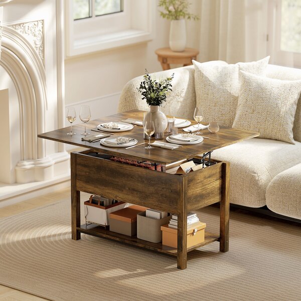 HOMCOM Tavolo da salotto sollevabile ed estensibile con scomparto nascosto e ripiano aperto, 100x45x50,5 cm, marrone rustico | Aosom Italy