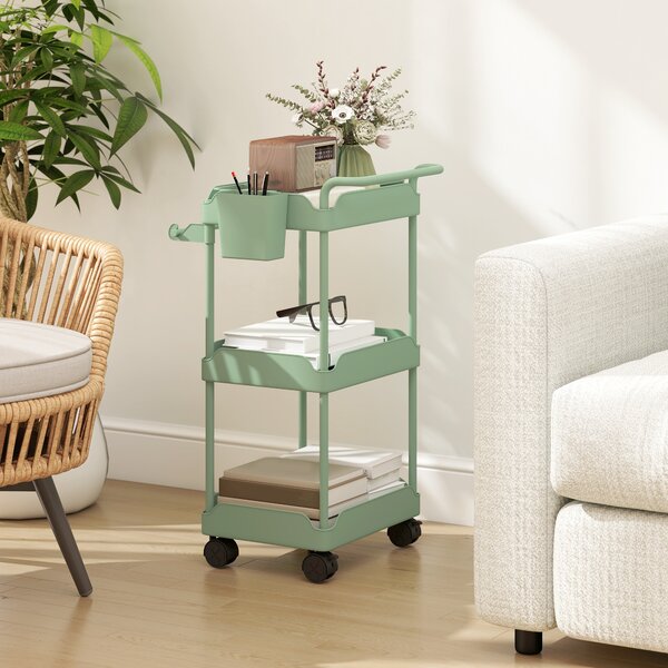 HOMCOM Carrello Ausiliario da Cucina con Ruote a 3 Livelli, Ceste Estraibili e Portasalviette, 42x42.5x76 cm, Verde | Aosom Italy