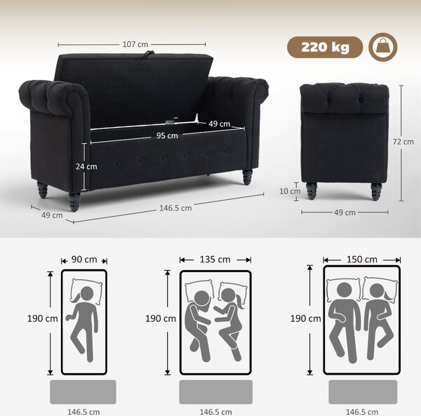 HOMCOM Panca contenitore 2 in 1 con piedi in legno, in tessuto effetto lino, 146.5x49x72 cm, Nero | Aosom Italy