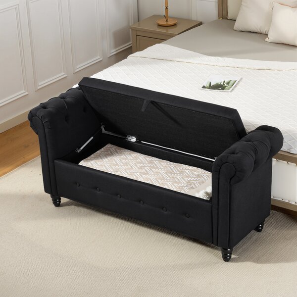 HOMCOM Panca contenitore 2 in 1 con piedi in legno, in tessuto effetto lino, 146.5x49x72 cm, Nero | Aosom Italy