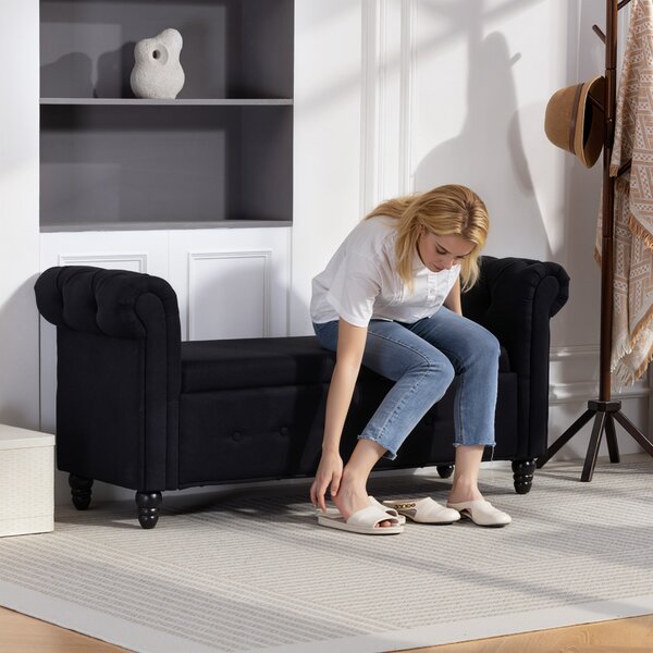 HOMCOM Panca contenitore 2 in 1 con piedi in legno, in tessuto effetto lino, 146.5x49x72 cm, Nero | Aosom Italy