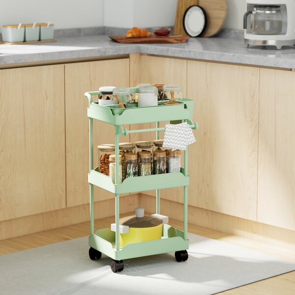 HOMCOM Carrello Ausiliario da Cucina con Ruote a 3 Livelli, Ceste Estraibili e Portasalviette, 42x42.5x76 cm, Verde | Aosom Italy
