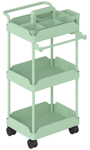 HOMCOM Carrello Ausiliario da Cucina con Ruote a 3 Livelli, Ceste Estraibili e Portasalviette, 42x42.5x76 cm, Verde | Aosom Italy