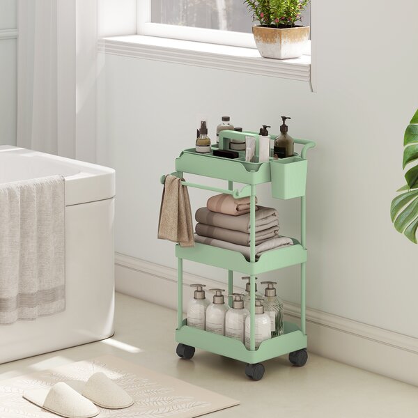 HOMCOM Carrello Ausiliario da Cucina con Ruote a 3 Livelli, Ceste Estraibili e Portasalviette, 42x42.5x76 cm, Verde | Aosom Italy