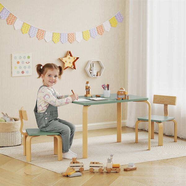 AIYAPLAY Tavolo per bambini con 2 sedie, in legno per disegnare, giocare e studiare, 78x53x53 cm, verde | Aosom Italy