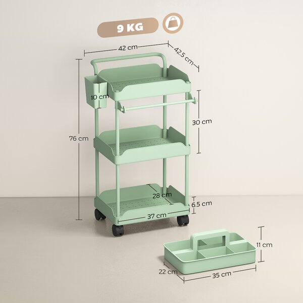 HOMCOM Carrello Ausiliario da Cucina con Ruote a 3 Livelli, Ceste Estraibili e Portasalviette, 42x42.5x76 cm, Verde | Aosom Italy