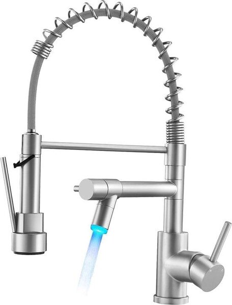 Rubinetto da cucina professionale a LED, rubinetto girevole a 360 gradi con due bocche, doccetta ad arco alto con molla, rubinetto da cucina per lavello, placcato nichel