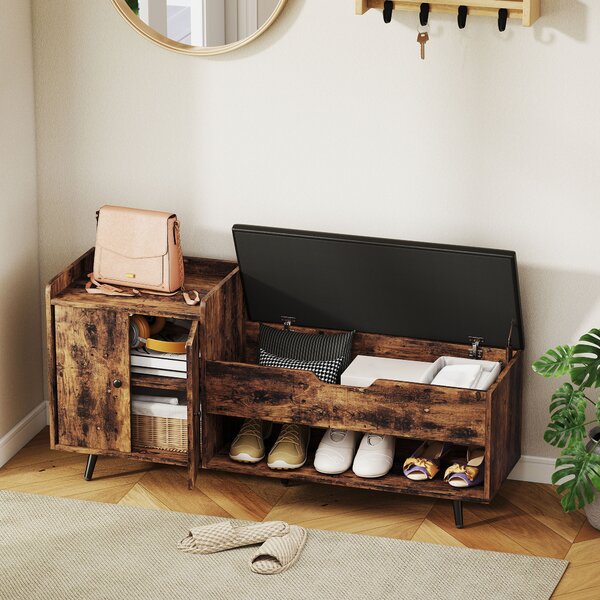 HOMCOM Panca portascarpe industriale con sedile imbottito, scomparto nascosto ripiani e ante, 127x35x59 cm, Marrone Rustico | Aosom Italy