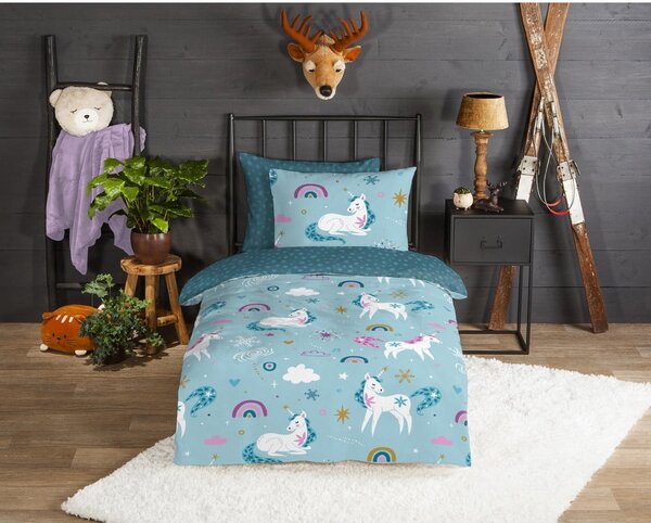 Set copripiumino e federa da bambini blu in flanella per letto singolo ed esteso 140x220 cm Snowycorn – Good Morning