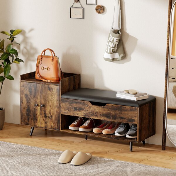 HOMCOM Panca portascarpe industriale con sedile imbottito, scomparto nascosto ripiani e ante, 127x35x59 cm, Marrone Rustico | Aosom Italy