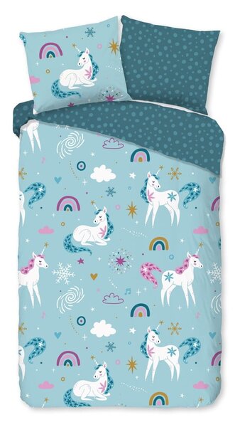 Set copripiumino e federa da bambini blu in flanella per letto singolo ed esteso 140x220 cm Snowycorn – Good Morning