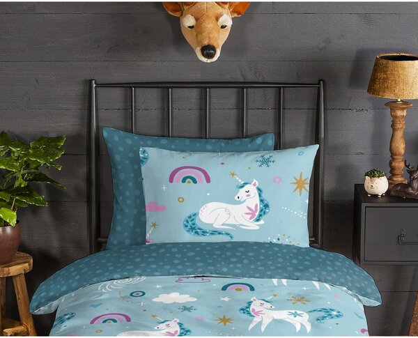 Set copripiumino e federa da bambini blu in flanella per letto singolo ed esteso 140x220 cm Snowycorn – Good Morning