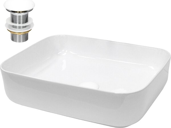 LuxeBath Lavabo da appoggio Square, 50,5x39,5x13,5 cm, bianco, in Vetroceramica, incl. set di scarico senza troppopieno