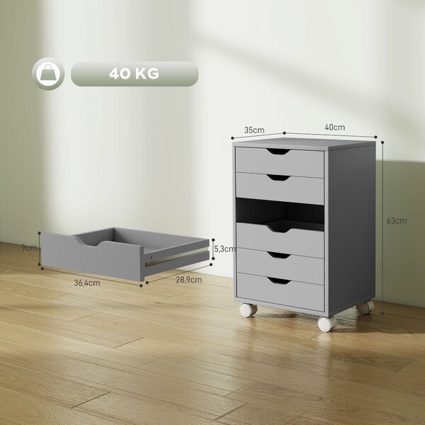HOMCOM Cassettiera da Scrivania con 6 Cassetti, Mobile con Ruote e Guide Scorrevoli Silenziose per Ufficio Casa, Grigio | Aosom Italy