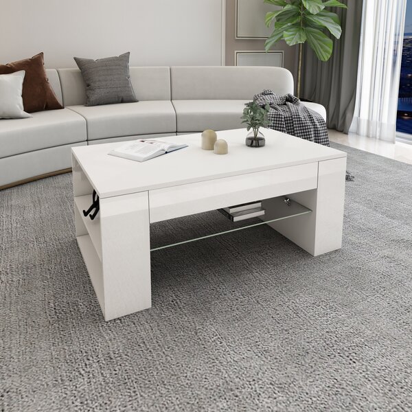 Tavolino ML-Design in bianco lucido, spazioso tavolo da soggiorno/lounge in truciolato con ripiano in vetro e 4 scomparti sui lati, 100x42x60 cm