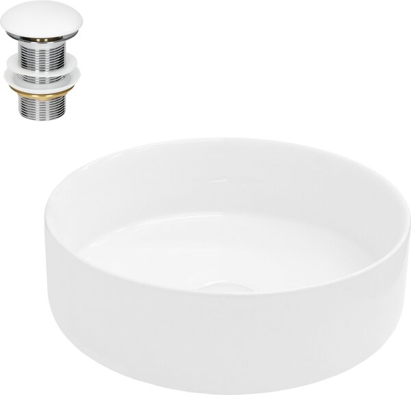 Lavabo LuxeBath Lavabo da appoggio rotondo, Ø 35,5x12 cm, bianco, in Vetroceramica, incl. set di scarico senza troppopieno