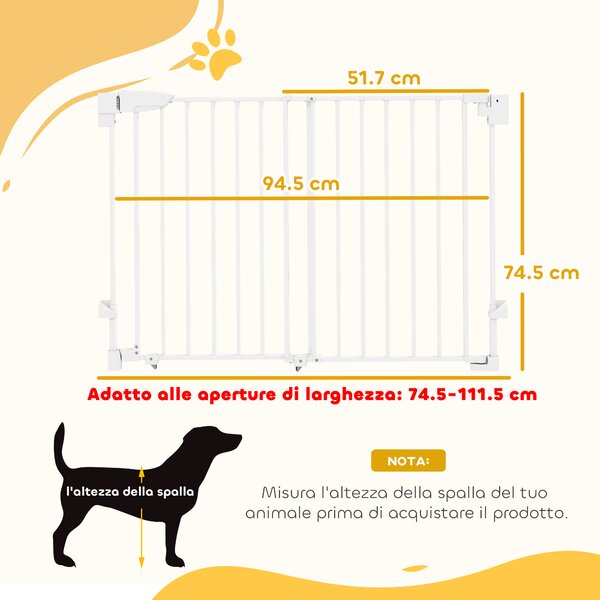 PawHut Cancelletto di Sicurezza per Cani, 74.5-111.5x74.5 cm, Scale, Chiusura Automatica, Apertura con Una Mano, Bianco | Aosom Italy