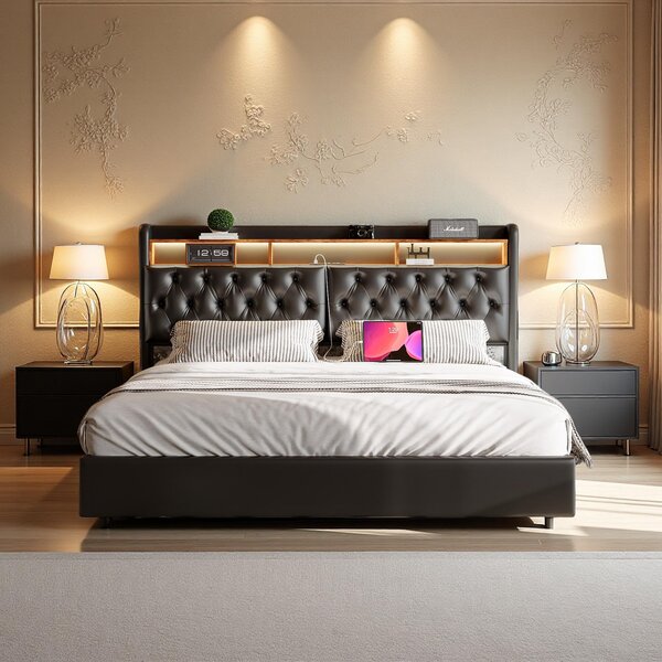 Letto Moonbite con contenitore, dimensione king 180x200 cm, rivestito in ecopelle nera, con grande testiera cilindrica e illuminazione LED