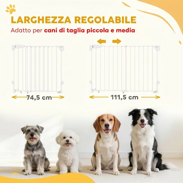 PawHut Cancelletto di Sicurezza per Cani, 74.5-111.5x74.5 cm, Scale, Chiusura Automatica, Apertura con Una Mano, Bianco | Aosom Italy