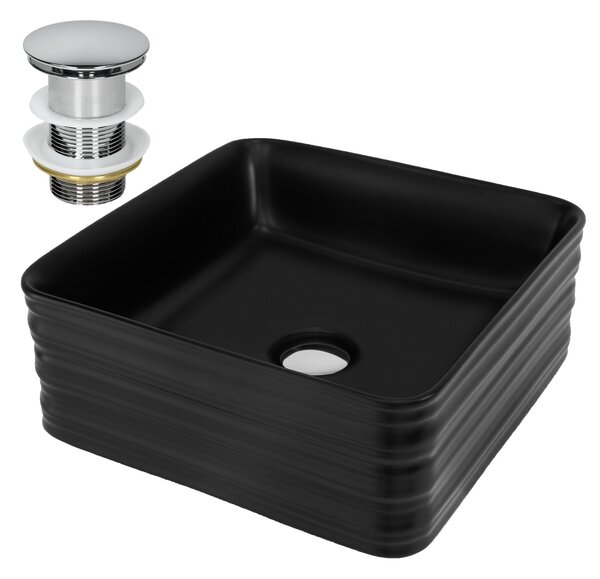 LuxeBath Lavabo Lavabo da appoggio Square, 39x39x15 cm, nero, Vetroceramica, incl. set di scarico senza troppopieno