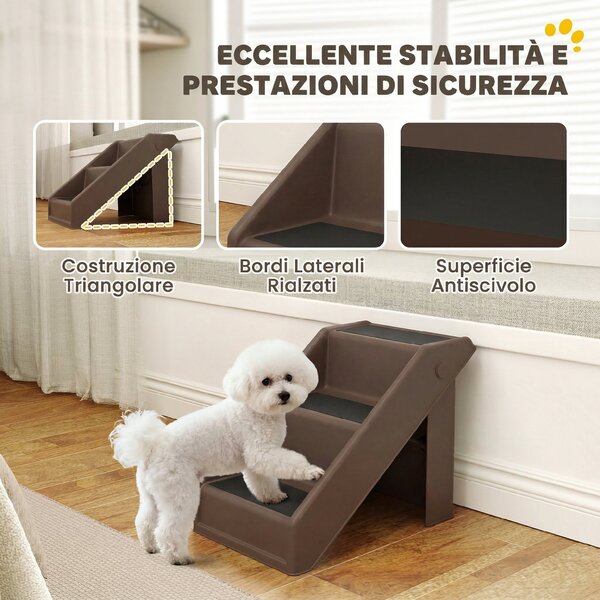 PawHut Scaletta per Cani e Gatti con 3 Scalini Antiscivolo per Letti Alti e Divani, 50x30.5x36.5 cm, Marrone | Aosom Italy