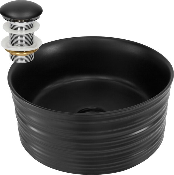 Lavabo LuxeBath Lavabo da appoggio rotondo, Ø 41x18 cm, nero, in Vetroceramica, incl. set di scarico senza troppopieno