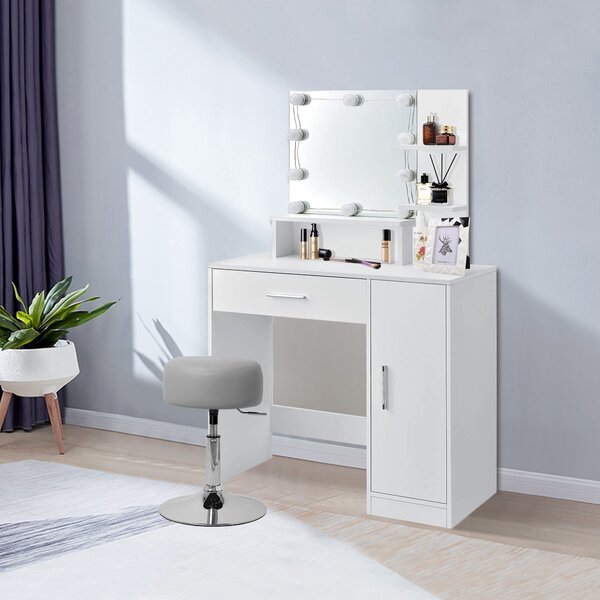 ML-Design tavolo da toilette bianco con sgabello, tavolo da toilette con illuminazione a LED, specchio, con 1 cassetto, 3 scomparti e armadietto, 90x38x137 cm, in legno MDF