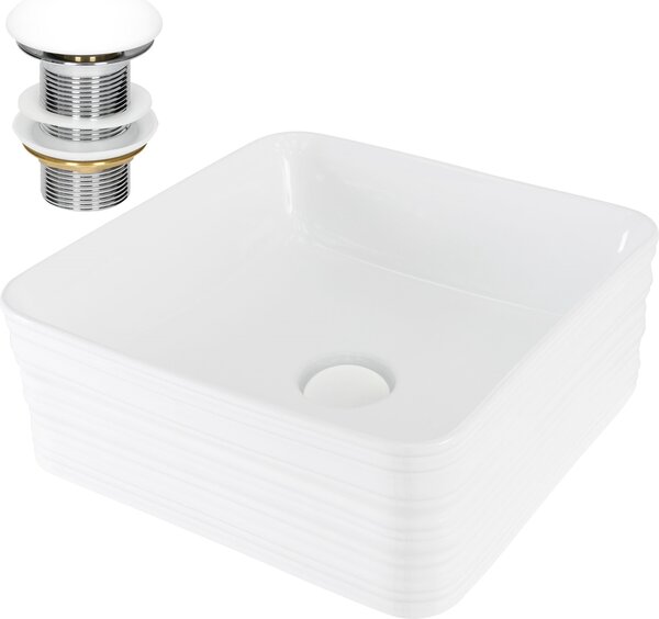 LuxeBath lavabo Lavabo da appoggio quadrato, 39x39x15 cm, bianco, Vetroceramica, incl. set di scarico senza troppopieno