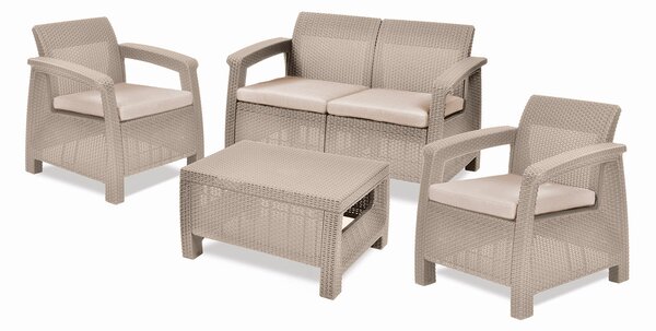 Set da Giardino Divano 2 Poltrone e Tavolino Keter Corfù Cappuccino