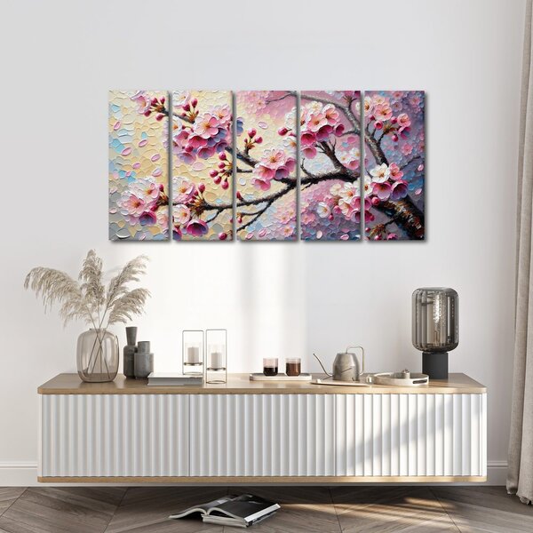 Quadri 5 pezzi – Fiori di ciliegio al vento primaverile