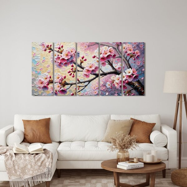 Quadri 5 pezzi – Fiori di ciliegio al vento primaverile