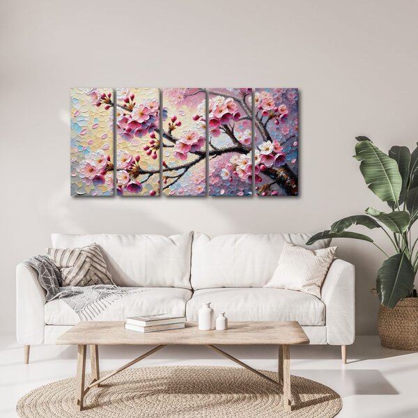 Quadri 5 pezzi – Fiori di ciliegio al vento primaverile
