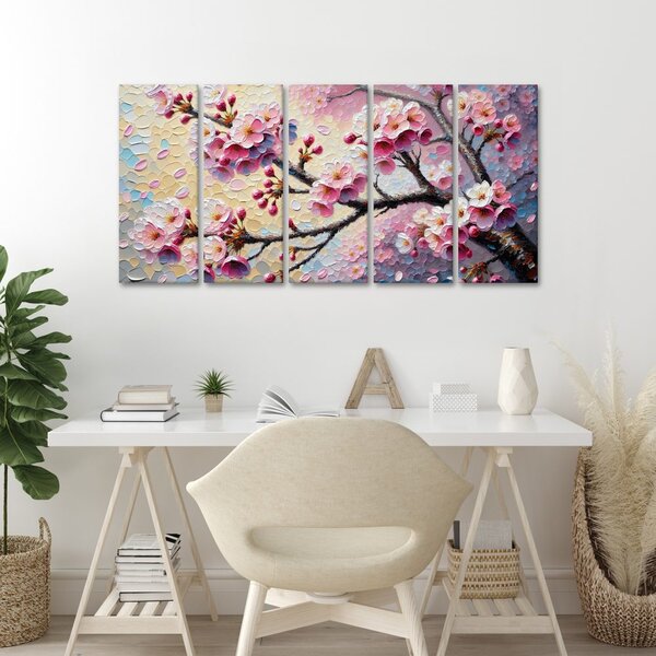 Quadri 5 pezzi – Fiori di ciliegio al vento primaverile