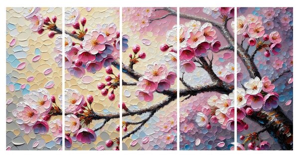 Quadri 5 pezzi – Fiori di ciliegio al vento primaverile
