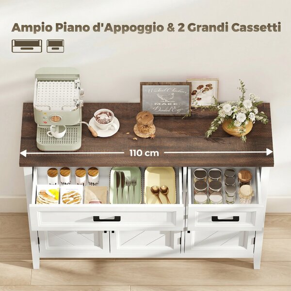 HOMCOM Credenza Cucina in Legno con 3 Ante a Fienili, 2 Cassetti e 2 Ripiani Regolabili, Bianco | Aosom Italy