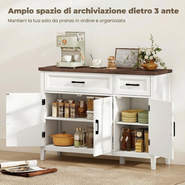 HOMCOM Credenza Cucina in Legno con 3 Ante a Fienili, 2 Cassetti e 2 Ripiani Regolabili, Bianco | Aosom Italy