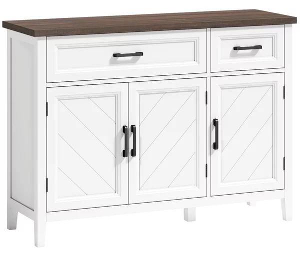 HOMCOM Credenza Cucina in Legno con 3 Ante a Fienili, 2 Cassetti e 2 Ripiani Regolabili, Bianco | Aosom Italy