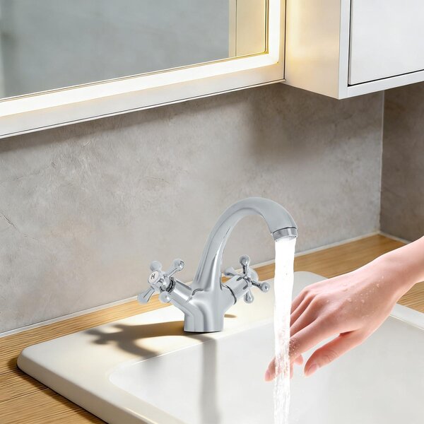 Rubinetto per lavabo a due maniglie, stile retrò, cromato, in ottone