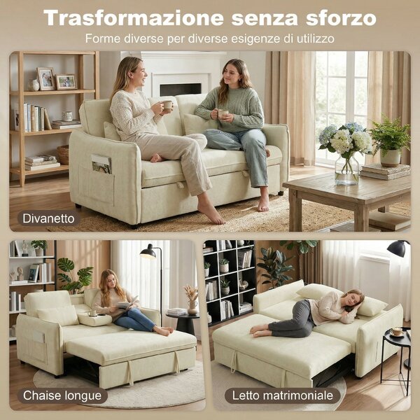 HOMCOM 3 in 1 Divano Letto 2 Posti con Schienale Regolabile in 3 Posizioni con 2 Cuscini, in Ciniglia, Beige | Aosom Italy