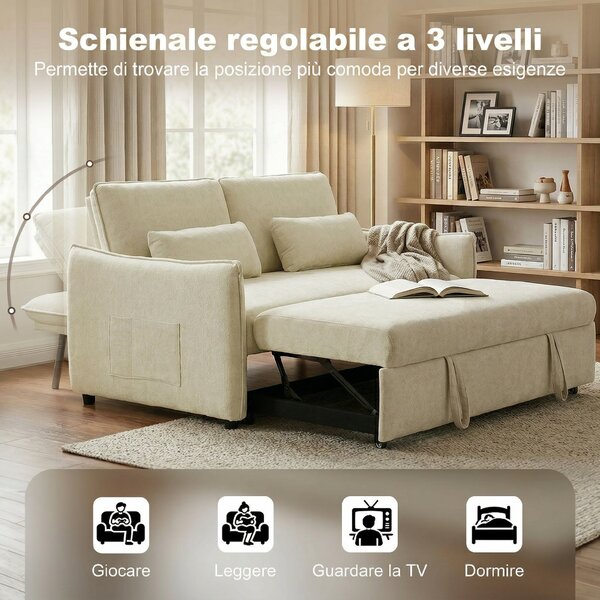 HOMCOM 3 in 1 Divano Letto 2 Posti con Schienale Regolabile in 3 Posizioni con 2 Cuscini, in Ciniglia, Beige | Aosom Italy