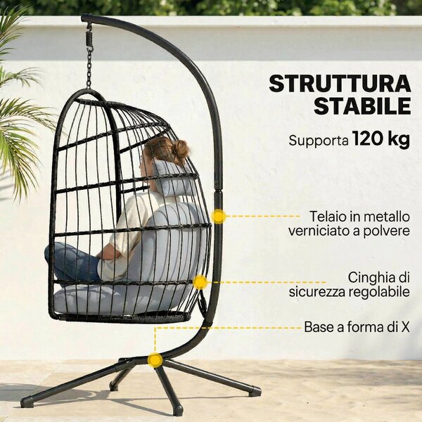 Outsunny Sedia a Uovo Sospesa, Altalena Esterno con Supporto e Cinghia Sicurezza, Nero/Grigio Chiaro | Aosom Italy