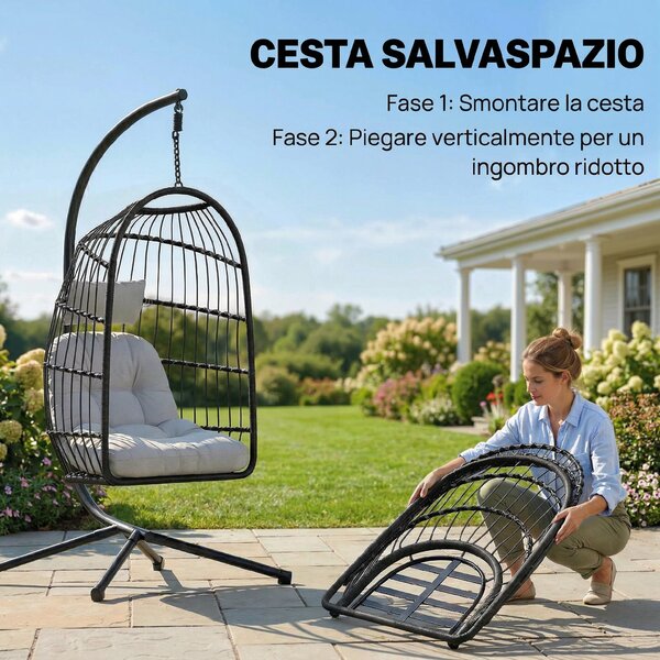 Outsunny Sedia a Uovo Sospesa, Altalena Esterno con Supporto e Cinghia Sicurezza, Nero/Grigio Chiaro | Aosom Italy