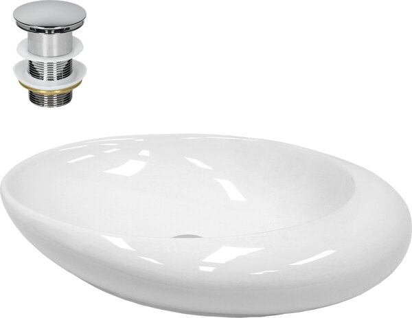 Lavabo LuxeBath Lavabo da appoggio ovale, 58,5x37,5x14,5 cm, bianco, in Vetroceramica, incl. set di scarico senza troppopieno