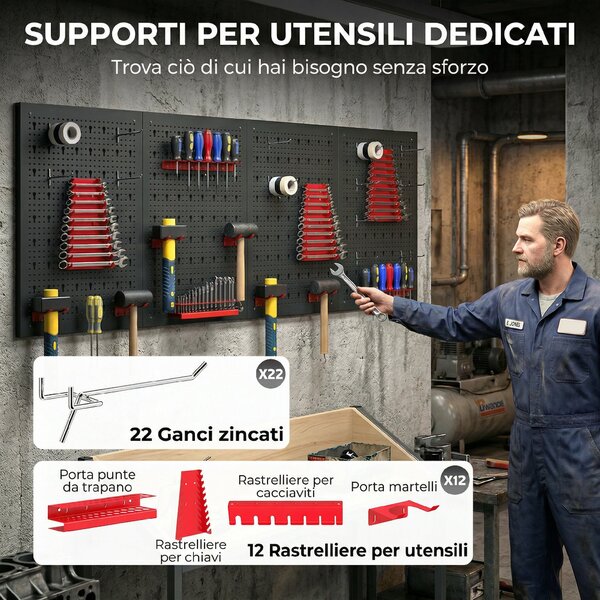 HOMCOM Set 4 Pannelli Porta Attrezzi da Parete in Acciaio 38pz, con 12 Supporti e 22 Ganci, Nero e Rosso | Aosom Italy