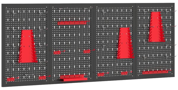 HOMCOM Set 4 Pannelli Porta Attrezzi da Parete in Acciaio 38pz, con 12 Supporti e 22 Ganci, Nero e Rosso | Aosom Italy